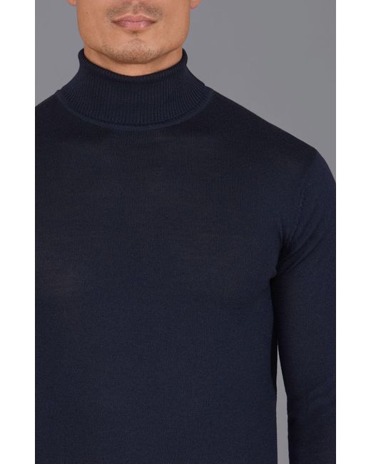 Paul James Knitwear Blue Extra Fine Merino Wool Weston Roll Neck Jumper for men
