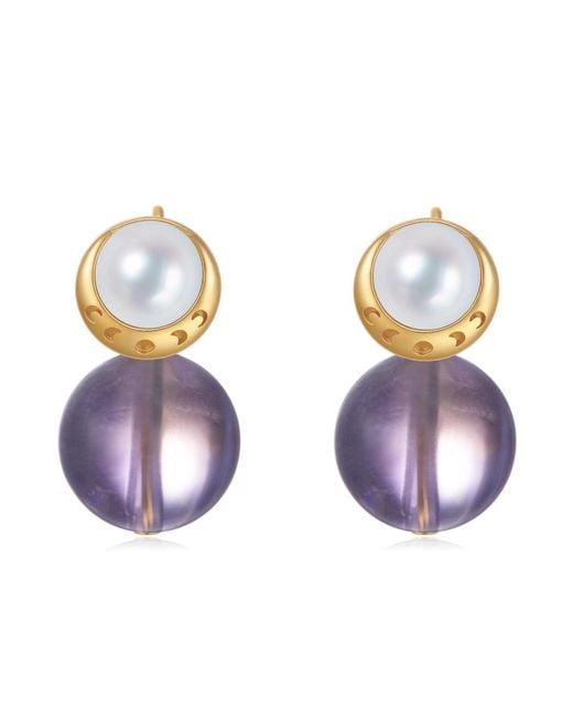 Aurozia Blue Starry Moon Lunar Phase Vermeil Aquamarine Pearl & Moon Crystal Stud Earrings