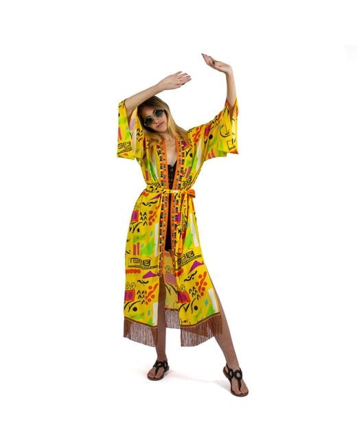 Lalipop Design Yellow Viscose Kimono With Embroidery Border