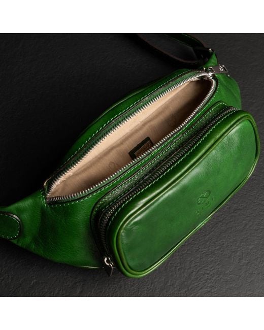 Time Resistance Green Leather Sling Bag Belly Bag for men