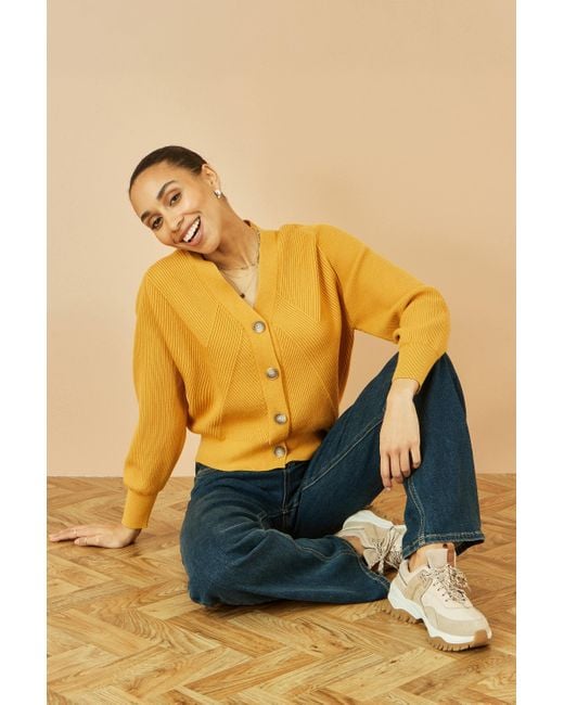 Yumi' Yellow Mustard Relaxed Fit Cardigan With Stitch Detail