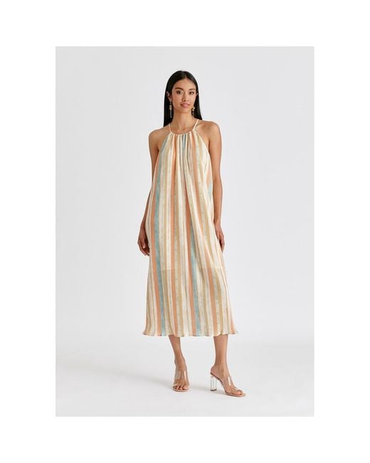 Paisie Natural Halter Neck Plisse Dress With Belt