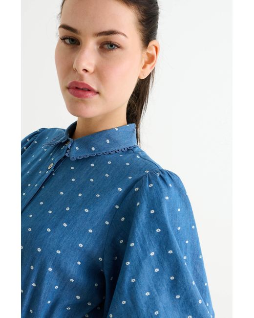 Louche Blue Lola Flower Dot Print Balloon Sleeve Shirtdress