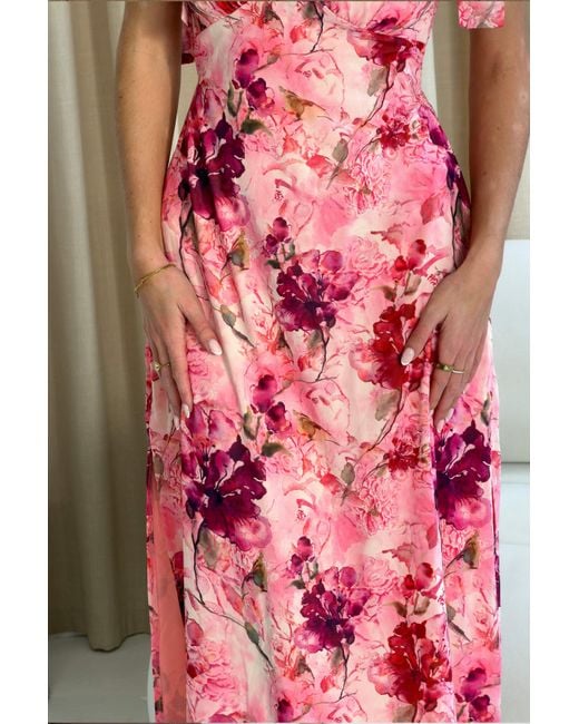 Girl In Mind Pink Beverly Floral Tie Shoulder Midi Dress
