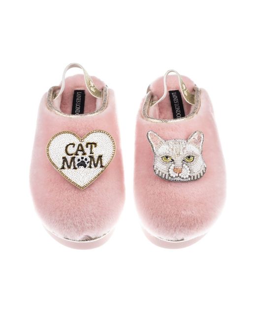 Laines London Pink Flatform Cloud Slippers With Lily Cat & Cat Mum/Mom Brooches