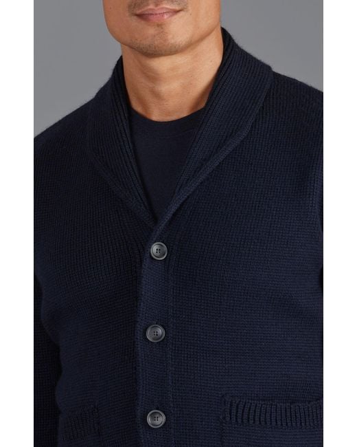 Paul James Knitwear Blue Chunky Merino Wool Marello Shawl Collar Cardigan for men
