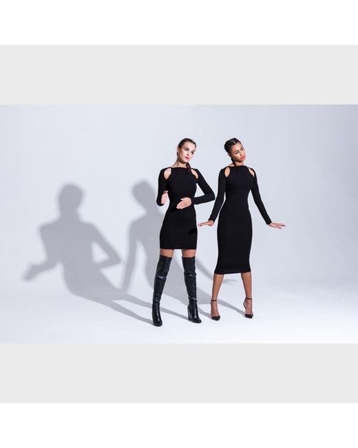 Imaatu Black La Vie En Rose Cold-Shoulder Cut-Out Sculpting Elastic Viscose Midi Dress Long Sleeves