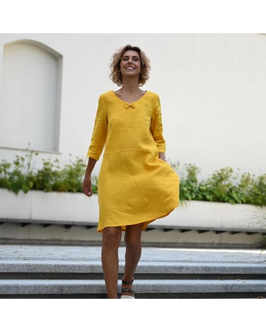LeMuse Yellow Sun — V-Neck Stonewashed Linen Dress