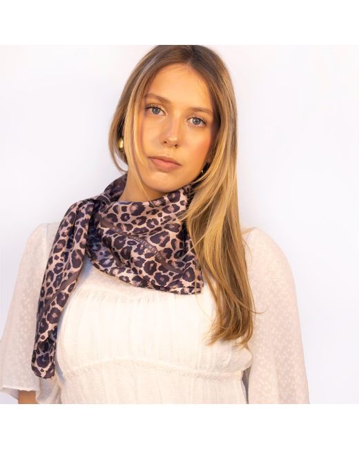 Lamberty Munich Purple Leopard Savannah Italian Mulberry Silk Scarf Taupe