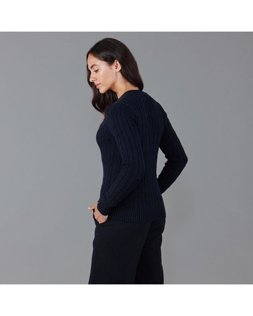 Paul James Knitwear Blue Cotton Talulah Cable V Neck Jumper