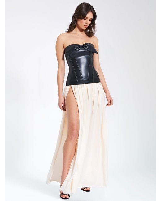 Miss Circle New York White Maayan Vegan Leather Corset High Slit Drop Waist Maxi Dress