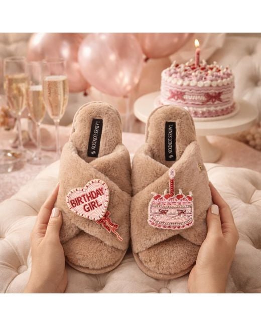 Laines London Pink Neutrals Classic Laines Slippers With Birthday Girl Brooches