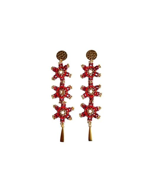 Iliana Arrazola Red Waterfall Blossom Three Flowers, Dangle Earrings, Glass Beads, Beaded Jewelry