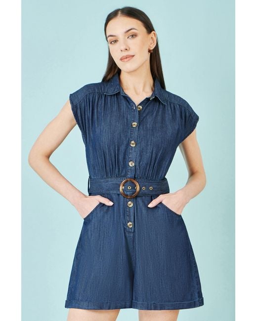 Yumi' Blue Chambray Cotton Playsuit