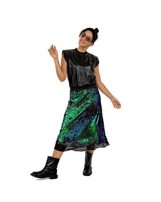 Lalipop Design Green Double-sided Sax & Sequin-embellished A-line Midi Skirt