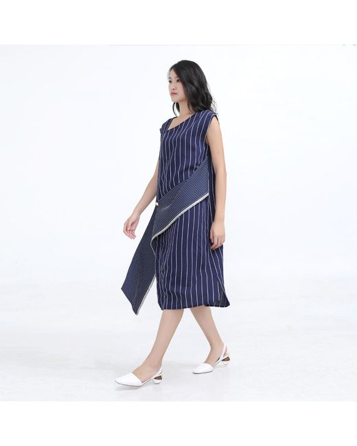 Smart and Joy Blue Asymmetric Stripe Trapeze Midi Dress