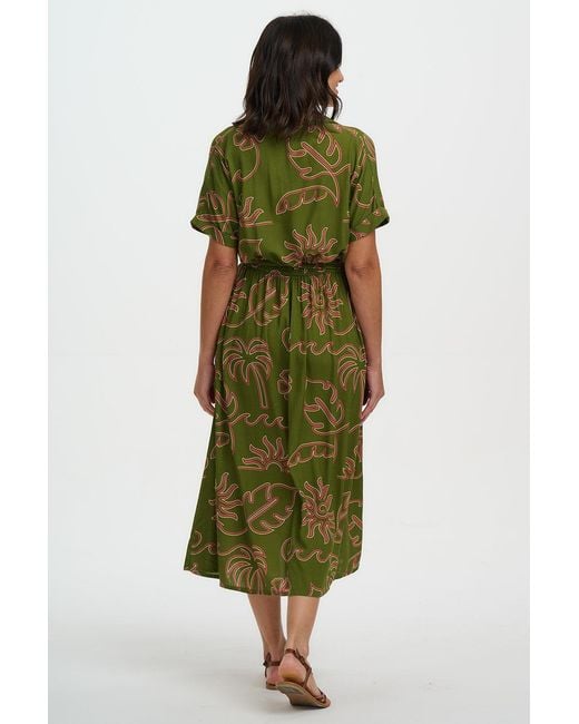 Sugarhill Green Leigh Midi Shirt Dress Khaki, Tropical Line Drawing