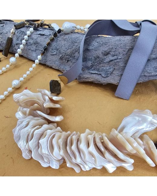Farra Metallic Giant Shell Pendant With Silk Ribbon Statement Necklace