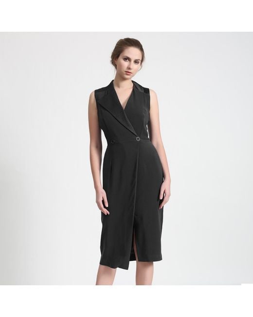 Smart and Joy Black Tailor Wrap Effect Dress With Topstitched Collar
