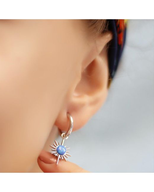 Spero London Blue Opal Northern Star Starburst Drop Hoop Earring Sterling