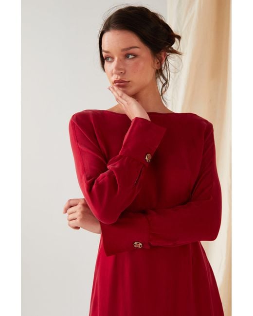 Sarvin Red Long Sleeve Midi Dress
