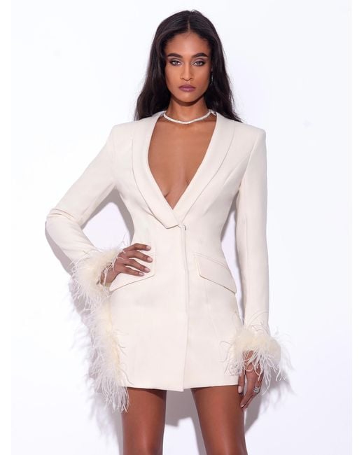 Miss Circle New York White Madeline Pearl Feather Trim Blazer Dress