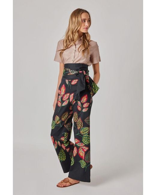 Marianna Déri Black Wide-Leg Trousers With Leaf Print And Tie Belt
