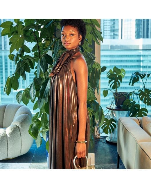 NALÈ Brown Bronze Metallic Wide Leg Halter Jumpsuit