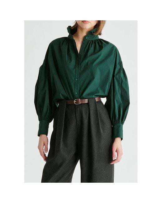Paisie Green Puff Sleeve Shirt With Ruffled Collar