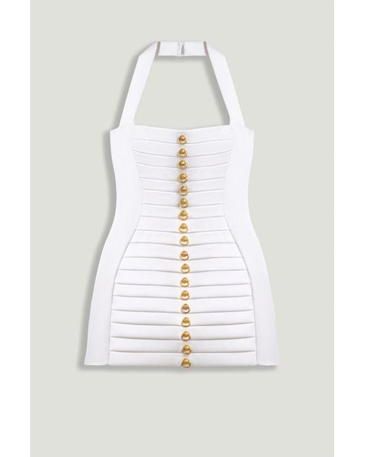 Nocturne White Halterneck Ruched Mini Dress With Button Detail