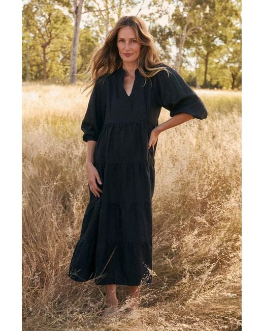 Adrift Clothing Black Sabre Linen V-Neck Dress