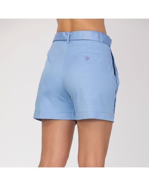 Smart and Joy Blue Neutrals Buckle And Front Pleats Cotton Shorts