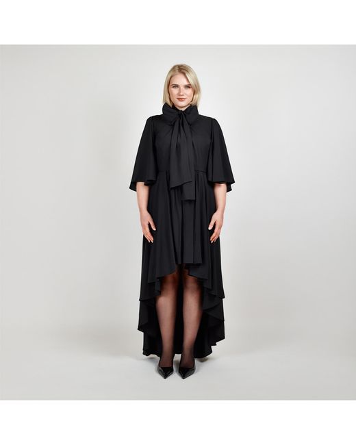 Femponiq Black Bow Tie Neck Cape Sleeve Maxi Dress