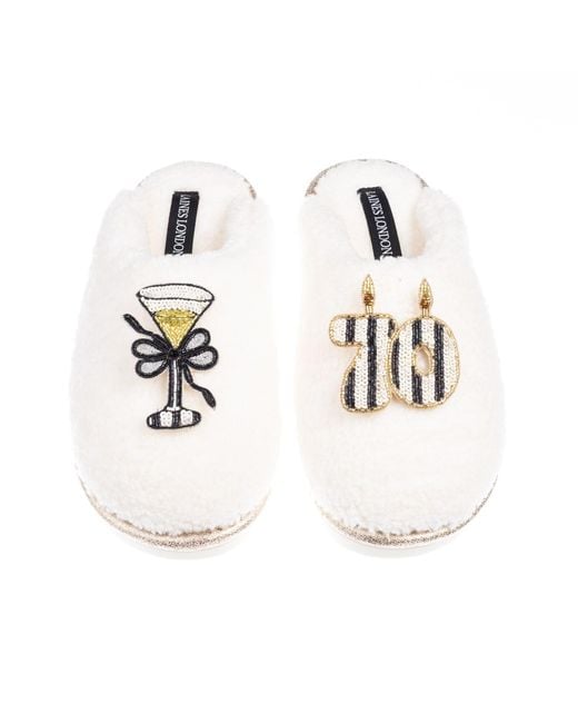 Laines London White Teddy Closed Toe Slippers With Stripe 70Th Birthday & Champagne Glass Brooches