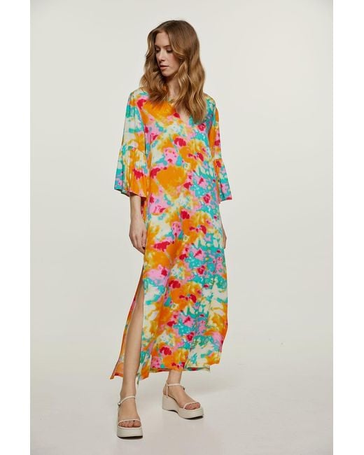 Conquista Orange Abstract Floral Kaftan Style Dress