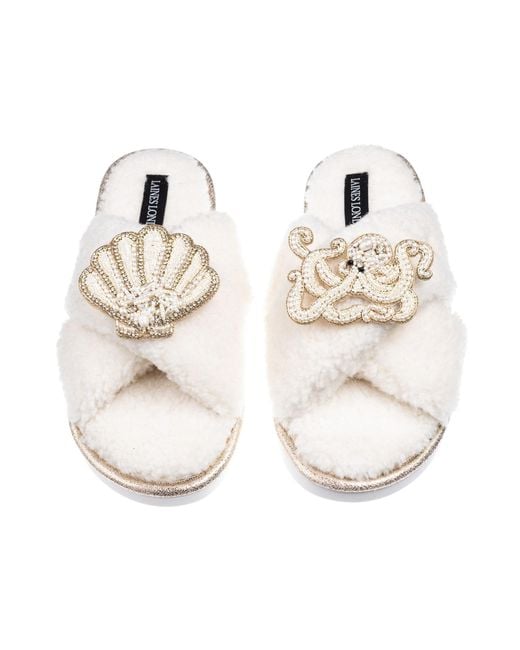 Laines London Metallic Neutrals Laines Neutral Boucle Slippers With Pearl Shell & Octopus Brooches