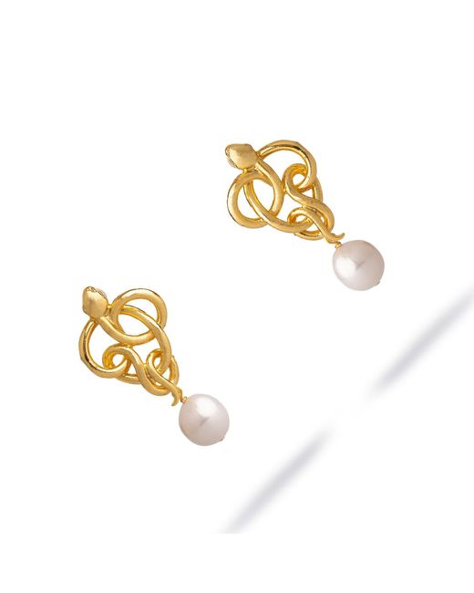 Ebru Jewelry Metallic Golden Medusa Pearl Statement Earrings