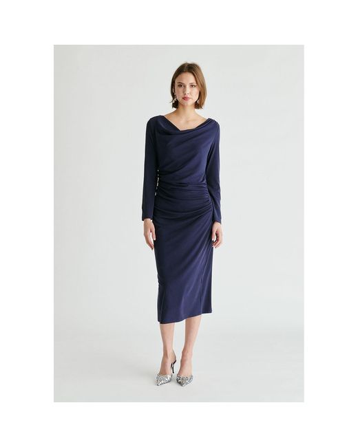 Paisie Blue Ruched Jersey Dress With Draped Neck