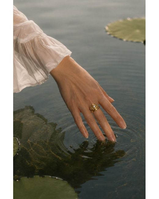 Aurozia Metallic Lotus Within Rhodium Plated Sterling Blooming Lotus Drop Adjustable Open Ring