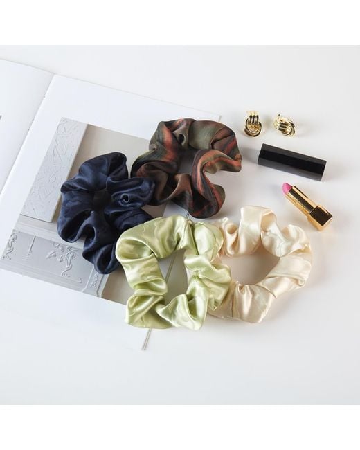 Soft Strokes Silk Metallic Set Of Four Pure Mulberry Silk French Scrunchie, Jacquard Silk & Tea Silk In Clouds And Rivers