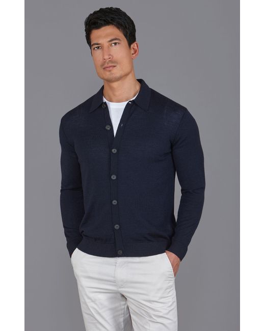 Paul James Knitwear Blue Extra Fine Merino Wool Cassius Polo Cardigan for men