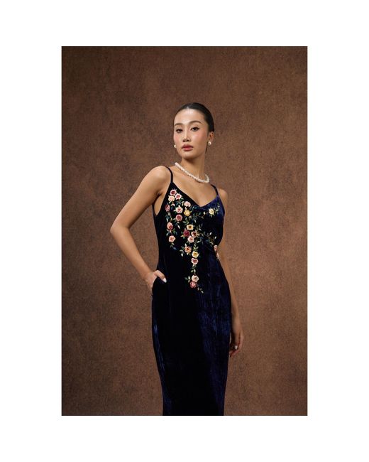 Silk and Bears Blue Hand-Embroidered Midnight Silk Velvet Evening Dress