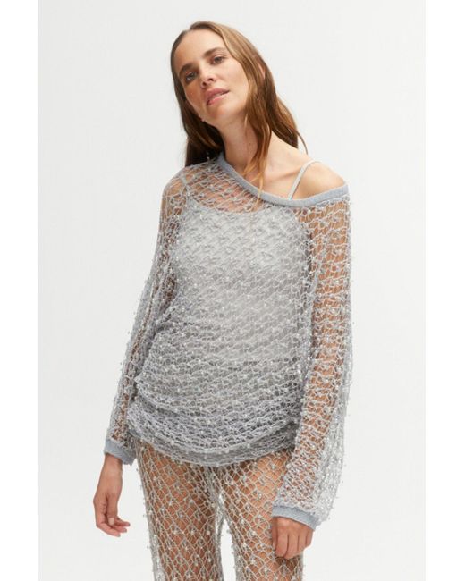 Nocturne White Beaded Mesh Knit Top