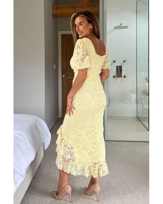 Girl In Mind Yellow Heidi Lace Ruched Midi Dress
