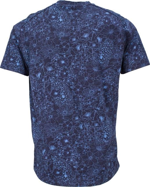 Lords of Harlech Blue Maze Outline Floral V-Neck Tee for men
