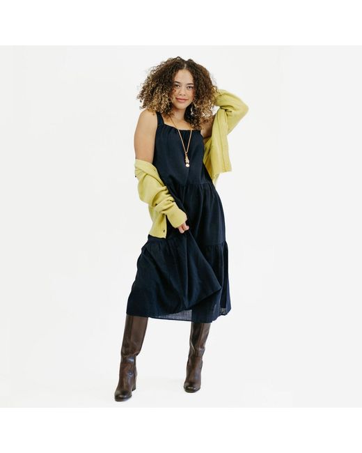 Zenzee Blue Cotton Linen Gathered Strap Tiered Dress