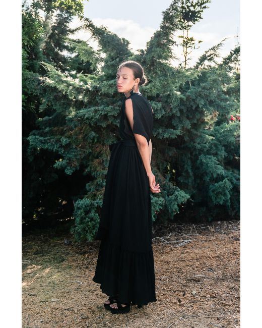 Jennafer Grace Black Diamond Pleated One-Shoulder Maxi Dress