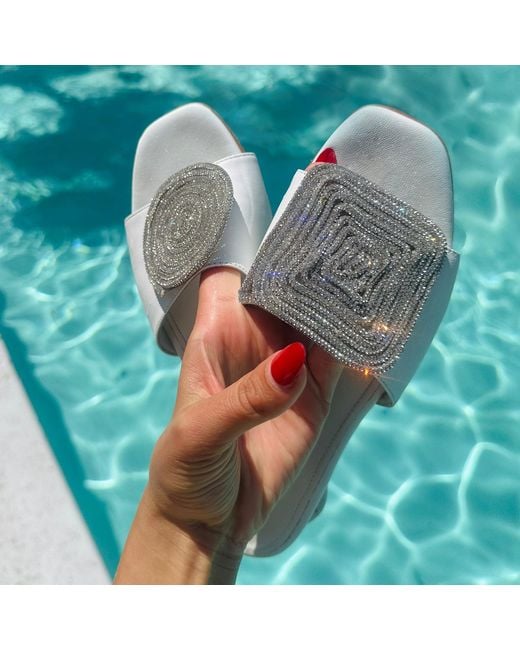 Beautiisoles by Robyn Shreiber Made in Italy White Adeline Flat Leather Slide Comfortable & Dressy Wedding & Day & Evening