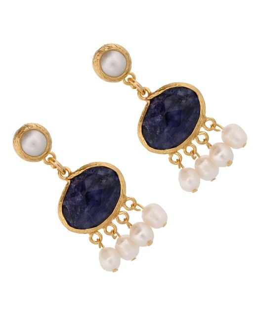 Ebru Jewelry Blue Cleopatra Pearl & Sapphire Stone Tassel Earrings