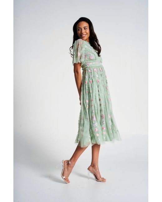 Frock and Frill Green Anthea Floral Embroidered Midi Dress